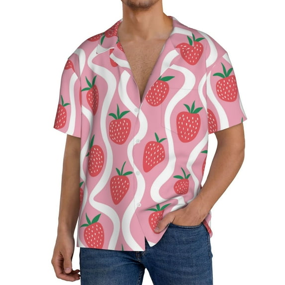 Goofa Strawberries Printed Men's Casual Short-sleeved Shirt,Lightweight Breathable Button-down,Summer Casual men's top,Versatile Fashion shirt-Medium