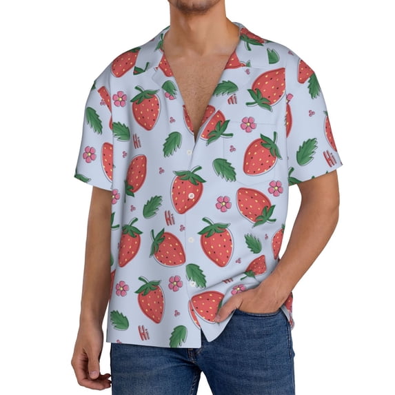 Goofa Strawberries Printed Men's Casual Short-sleeved Shirt,Lightweight Breathable Button-down,Summer Casual men's top,Versatile Fashion shirt-3X-Large