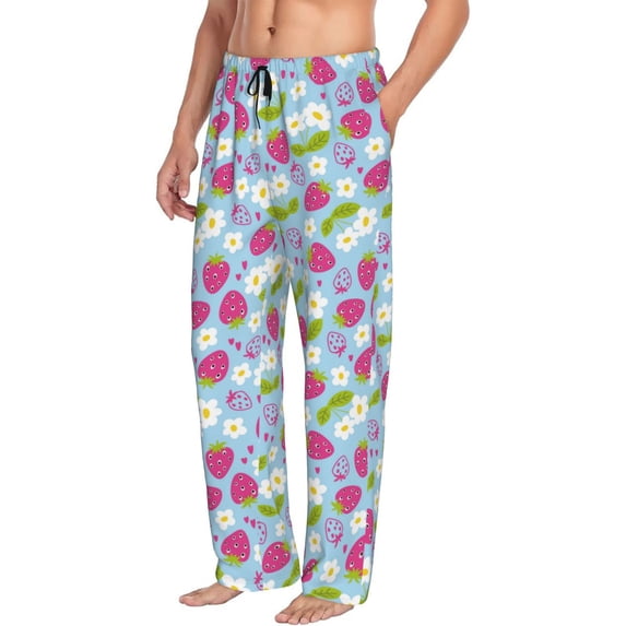 Goofa Strawberry And Flowers Printed Soft Pajama Pants for Men, Wide Leg Comfy Casual Lounge Yoga Pants-Large