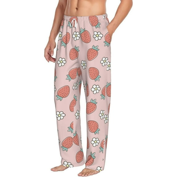 Goofa Strawberry And Flowers Printed Soft Pajama Pants for Men, Wide Leg Comfy Casual Lounge Yoga Pants-XX-Large