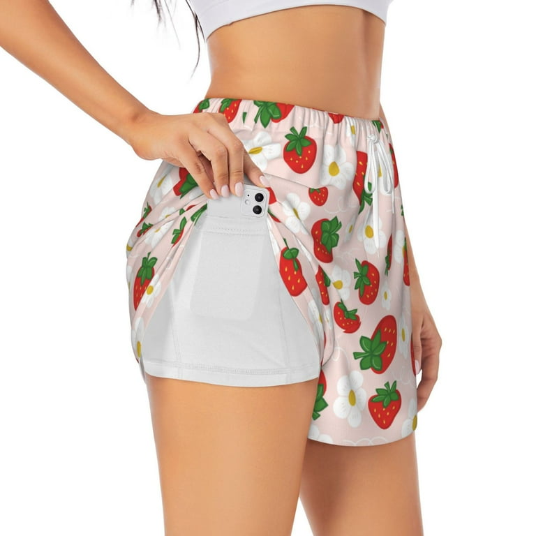 Goofa Strawberry Floral Printed Women 2 in 1 Running Shorts Quick Dry Athletic Workout Shorts High Waisted Athletic Shorts with Liner Pockets Large
