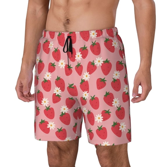 Goofa Strawberry And Flowers Printed Men's Swim Trunks Board Shorts Quick Dry Mens Swimming Trunks with Compression Liner,Breathable Fit Hawaii Beach Shorts-3X-Large