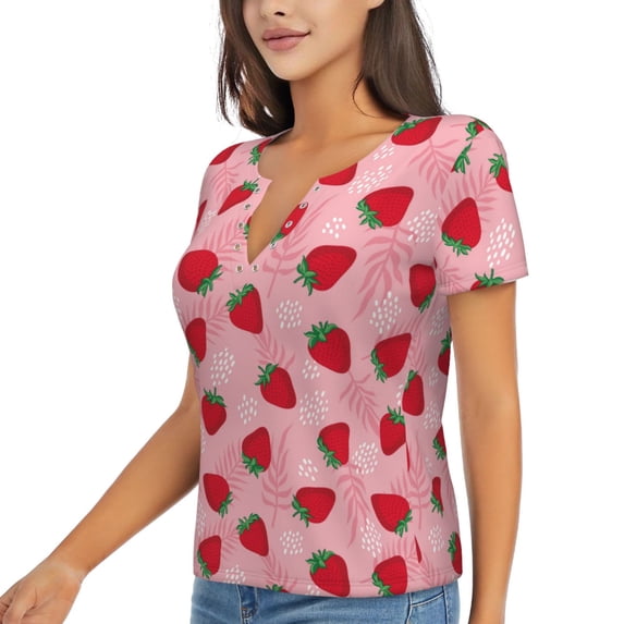 Goofa Strawberry Pattern Womens Deep V Neck Low Cut Tops Casual Summer Short Sleeve Ribbed Knit T-Shirts-X-Large