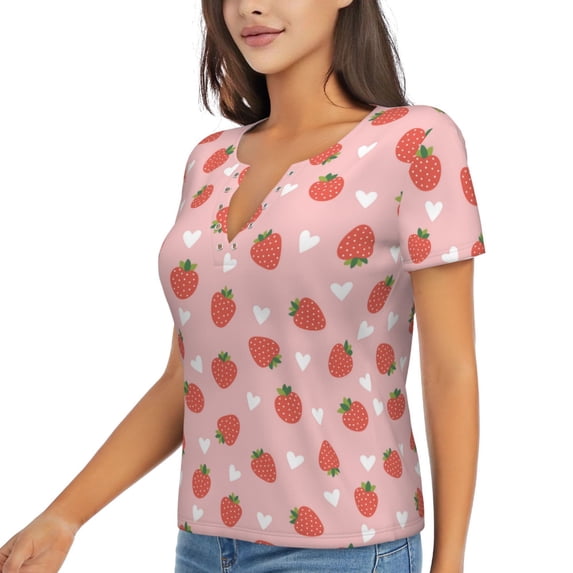 Goofa Strawberry Pattern Womens Deep V Neck Low Cut Tops Casual Summer Short Sleeve Ribbed Knit T-Shirts-XX-Large