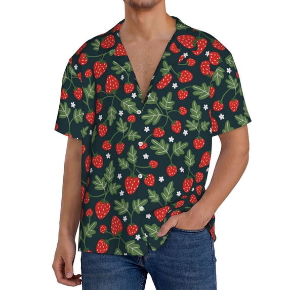 Goofa Strawberry Printed Men's Casual Short-sleeved Shirt,Lightweight Breathable Button-down,Summer Casual men's top,Versatile Fashion shirt-Large