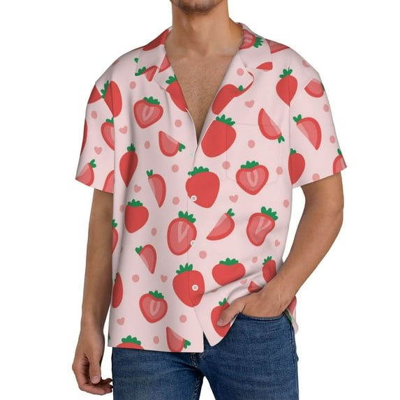 Goofa Strawberry Printed Men's Casual Short-sleeved Shirt,Lightweight Breathable Button-down,Summer Casual men's top,Versatile Fashion shirt-Small