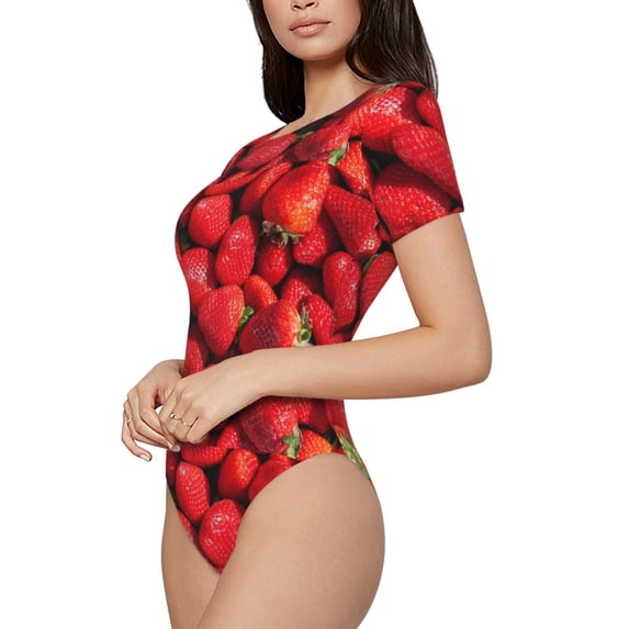 Goofa Strawberry Red Printed Women Rash Guard Short Sleeve,Tummy control Swimsuit Surfing Swimsuit Bathing Suit One Piece Swimsuit UPF 50-