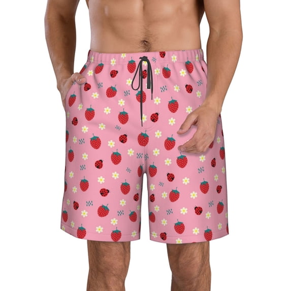 Goofa Strawberry and Ladybugs Printed Mens Swim Trunks Summer Quick Dry Short Beach Swimwear Bathing Suits-3X-Large