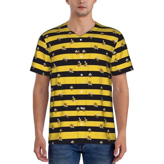 Goofa Striped With Bees Pattern Mens Golf Shirt Baseball T-shirt Moisture Wicking Dry Fit Performance Sport Short Sleeve Striped Golf Polo Shirts-4X-Large