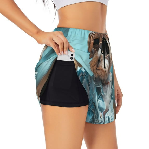 Goofa Stylish Dog in Denim Outfit Printed Women 2 in 1 Running Shorts,Quick Dry Athletic Workout Shorts,High Waisted Athletic Shorts with Liner Pockets-Medium