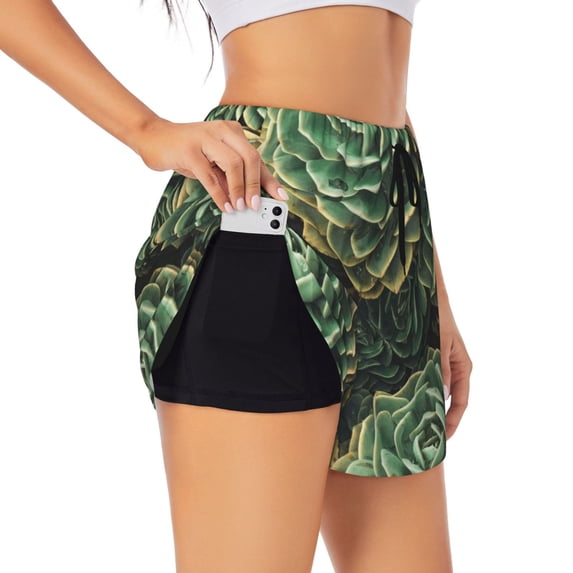 Goofa Succulents Printed Women 2 in 1 Running Shorts,Quick Dry Athletic Workout Shorts,High Waisted Athletic Shorts with Liner Pockets-