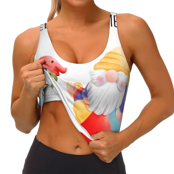 Goofa Summer Gnome Printed Sports Bras for Women, High Impact Running Bra Workout Crop Tank Tops Longline Sports Bra Push up-XX-Large