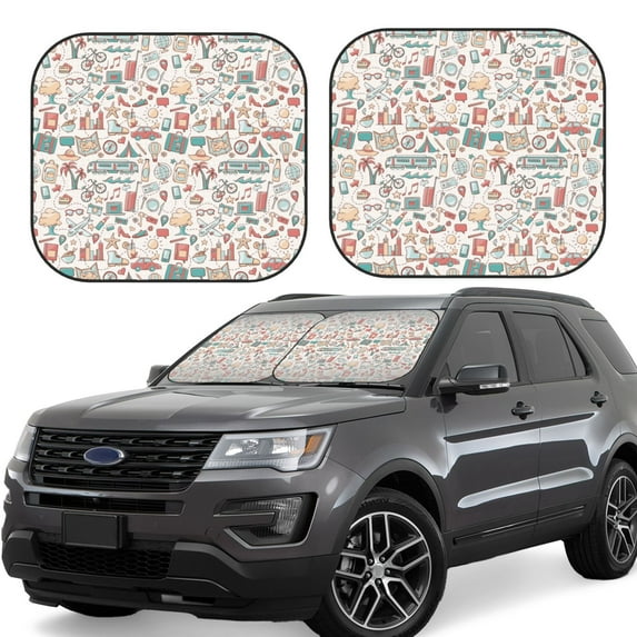 Goofa Summer Life Pattern 2 Piece Car Windshield Sun Shade Foldable | Front Windshield Shade for Sun, Heat and UV Rays | Sunshade for Car Front Window-Small