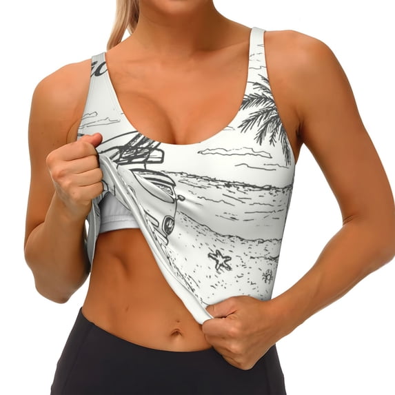 Goofa Summer Vacation Scene With Camping Van Printed Sports Bras for Women, High Impact Running Bra Workout Crop Tank Tops Longline Sports Bra Push up-Medium
