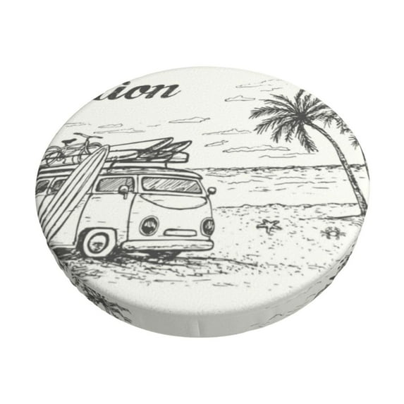 Goofa Summer Vacation Scene With Camping Van Printed Stool Covers Round, Waterproof Round Bar Stool Covers Anti-Slip Round Bar Stool Seat Cover with Elastic Bands Durable -12 inch
