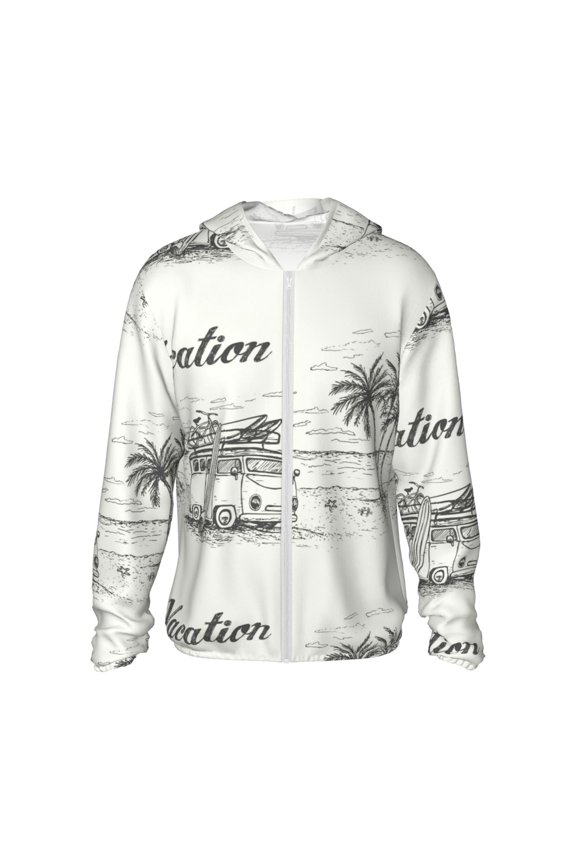 Summer Vacation Scene With Camping Van Printed Women's UPF 50+ Sun Protection Hoodie Jacket Lightweight Long Sleeve Sun Shirt for Women with Pocket Hiking Outdoor-Large