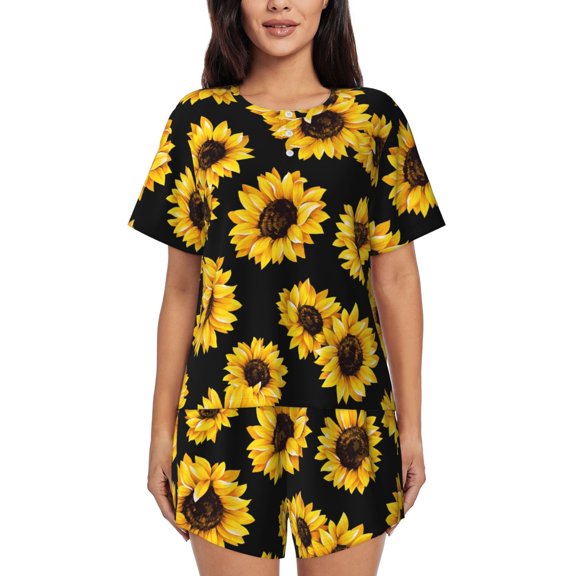Goofa Sunflower 6 for Womens Cotton 2 Piece Pajamas Set Classic Short Sleeve Pjs Set Soft Button Down Sleepwear Loungewear-Large