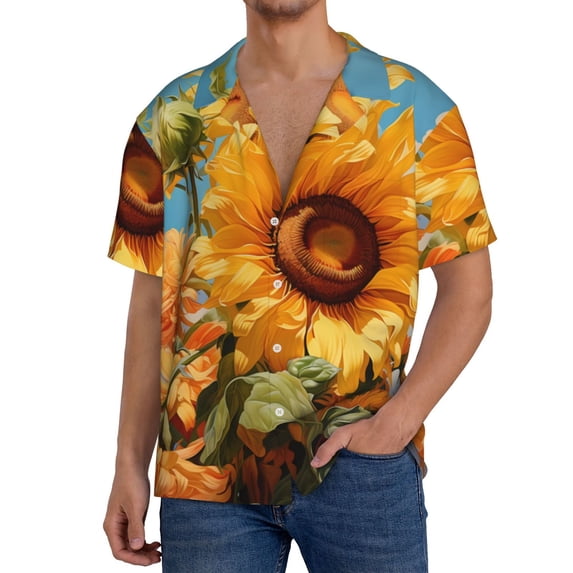 Goofa Sunflower Blue Sky Printed Men's Casual Short-sleeved Shirt,Lightweight Breathable Button-down,Summer Casual men's top,Versatile Fashion shirt-Medium