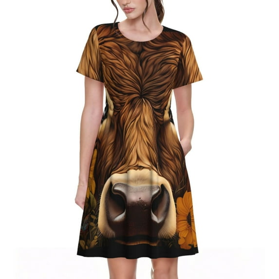 Goofa Sunflower Butterfly Cow Pattern Women Summer Short Sleeve Midi Dress with Pockets Casual Aline Flowy Tshirt Dress Vocation Beach Sundress