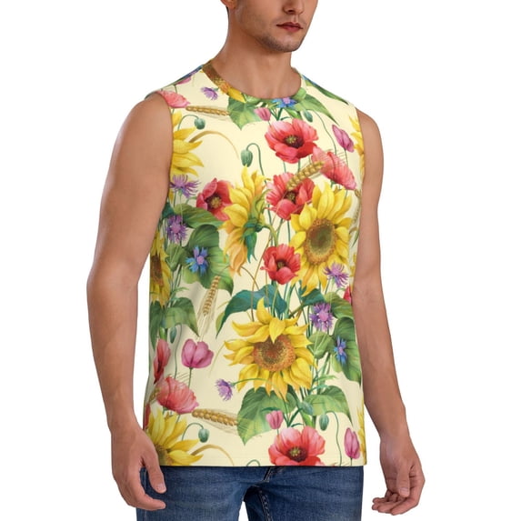 Goofa Sunflower Cornflower Poppy Printed Men's Sleeveless T-Shirt - Athletic Gym Workout Tank Top for Men - Moisture-Wicking, UPF 30+ Quick-Dry Muscle Tee-3X-Large