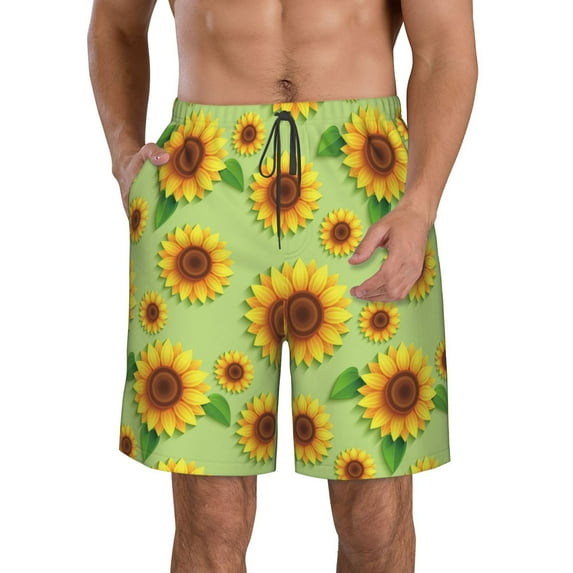Goofa Sunflower Leaves Printed Mens Swim Trunks Summer Quick Dry Short Beach Swimwear Bathing Suits-X-Large