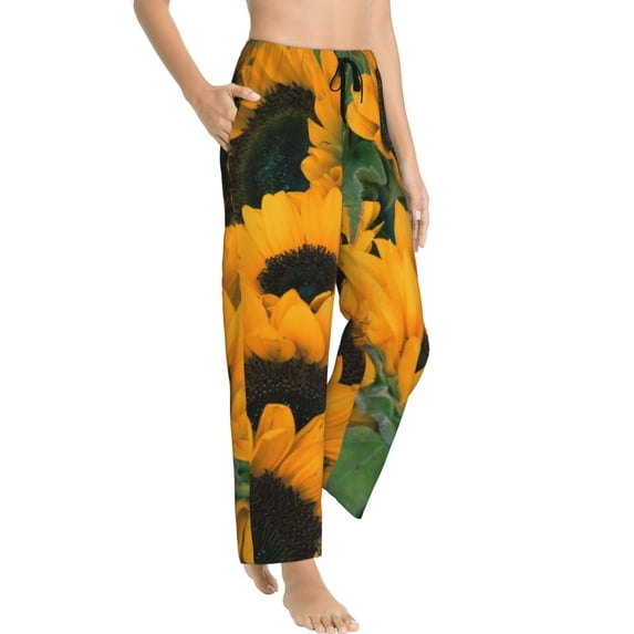 Goofa Sunflowers 7 Printed Soft Pajama Pants for Women, Wide Leg Comfy Casual Lounge Yoga Pants-Small