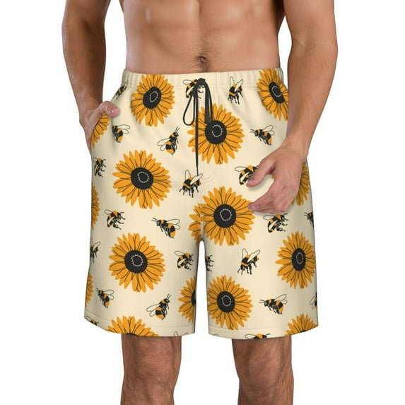Goofa Sunflowers And Bee Printed Mens Swim Trunks Summer Quick Dry Short Beach Swimwear Bathing Suits-XX-Large