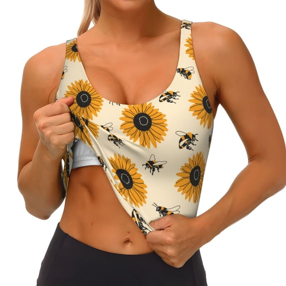Goofa Sunflowers And Bee Printed Sports Bras for Women, High Impact Running Bra Workout Crop Tank Tops Longline Sports Bra Push up-XX-Large