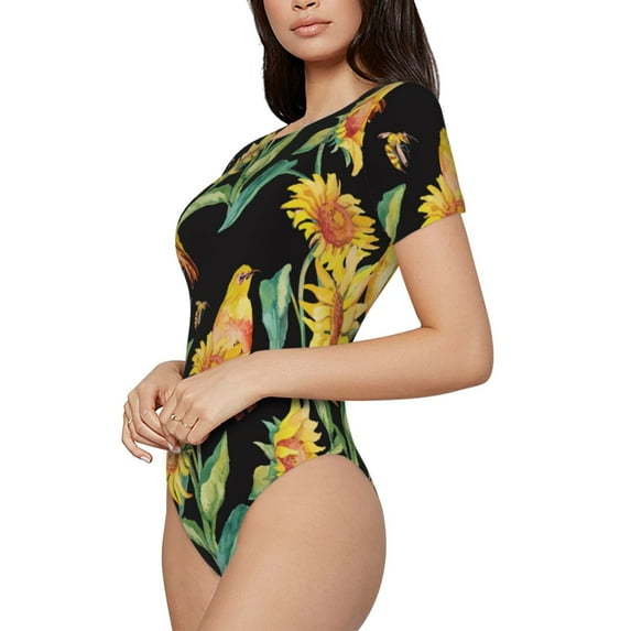 Goofa Sunflowers And Bird Printed Women Rash Guard Short Sleeve,Tummy control Swimsuit Surfing Swimsuit Bathing Suit One Piece Swimsuit UPF 50-Large