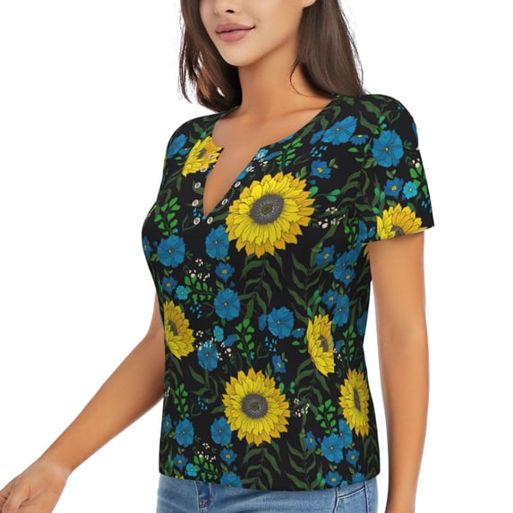 Goofa Sunflowers And Blue Flower Pattern Womens Deep V Neck Low Cut Tops Casual Summer Short Sleeve Ribbed Knit T-Shirts-Small