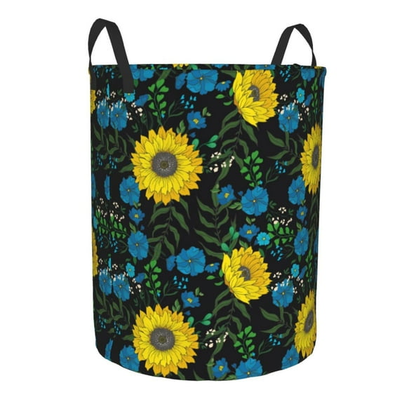 Goofa Sunflowers And Blue Flower Printed Circular Hamper,Laundry Basket with Handles,Storage Baskets Foldable,Large Capacity Laundry Hamper-Small