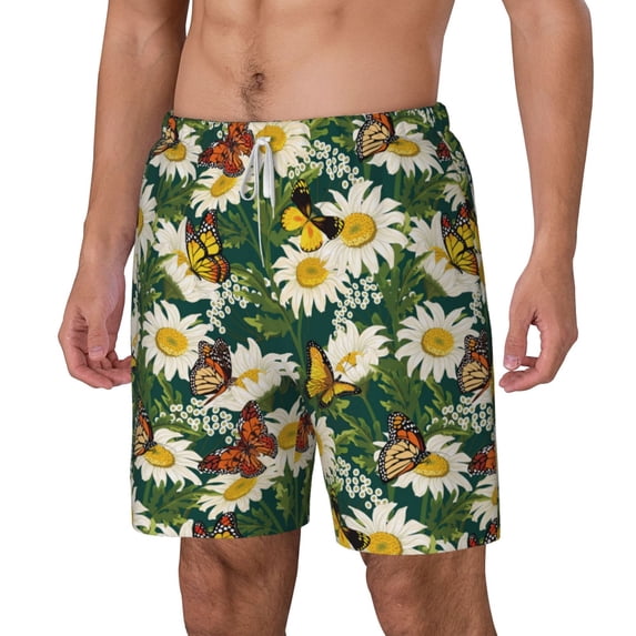 Goofa Sunflowers And Butterflies Printed Men's Swim Trunks Board Shorts Quick Dry Mens Swimming Trunks with Compression Liner,Breathable Fit Hawaii Beach Shorts-XX-Large