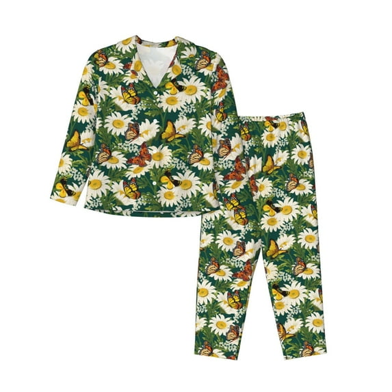 Goofa Sunflowers And Butterflies Printed Women’s 2 Piece Pajama Set Super,Pajamas Women's Long Sleeve Sleepwear Soft Button Down Loungewear Pjs Lounge Set Nightwear-Small