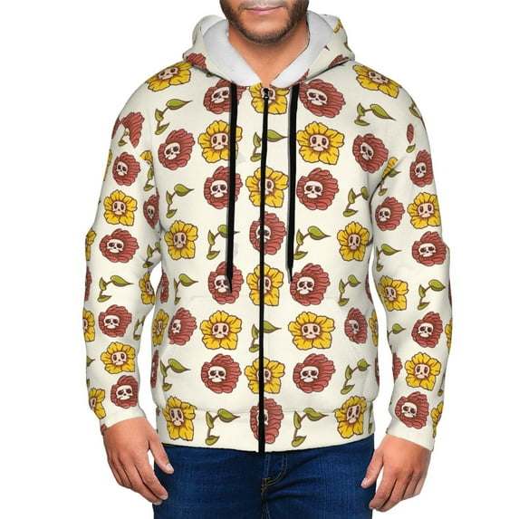 Goofa Sunflowers And Skull Pattern Mens Full-zip Hoodie, Zip-up Pullover Hooded Sweatshirt, Kangaroo Pocket Hoodie Ideal for Daily Wear, Travel, and Home-XX-Large