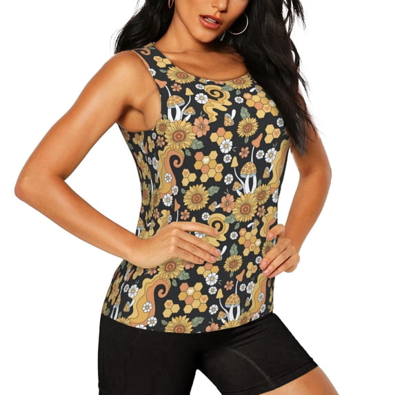 Goofa Sunflowers Bee Printed Womens Workout Tops for Women Sleeveless Yoga Shirts Athletic Running Tank Tops Sleeveless Gym Clothes Workout Apparel-XX-Large