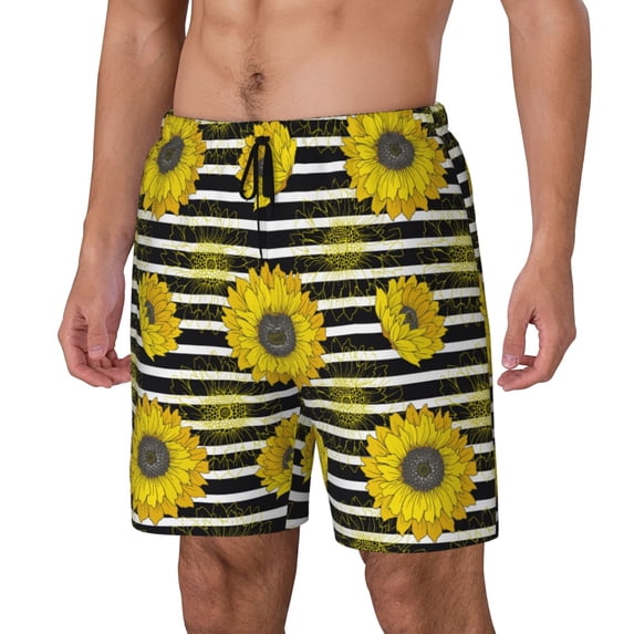 Goofa Sunflowers On Black And White Stripes Printed Men's Swim Trunks Board Shorts Quick Dry Mens Swimming Trunks with Compression Liner,Breathable Fit Hawaii Beach Shorts-X-Large