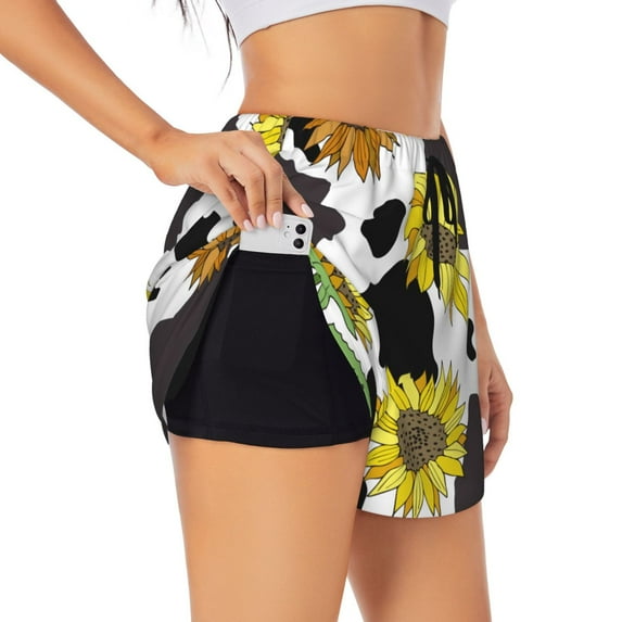 Goofa Sunflowers Country Printed Women 2 in 1 Running Shorts,Quick Dry Athletic Workout Shorts,High Waisted Athletic Shorts with Liner Pockets-X-Large