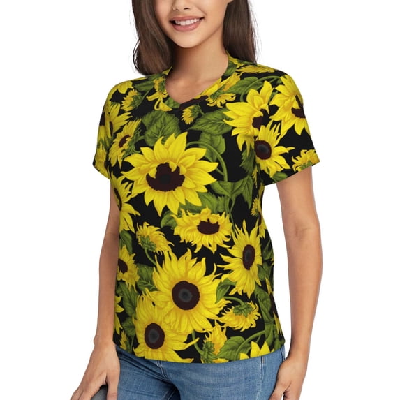 Goofa Sunflowers In Vintage Pattern Women's Slim-Fit Short-Sleeve V-Neck T-Shirt,Classic-Fit Short-Sleeve V-Neck T-Shirt-X-Large