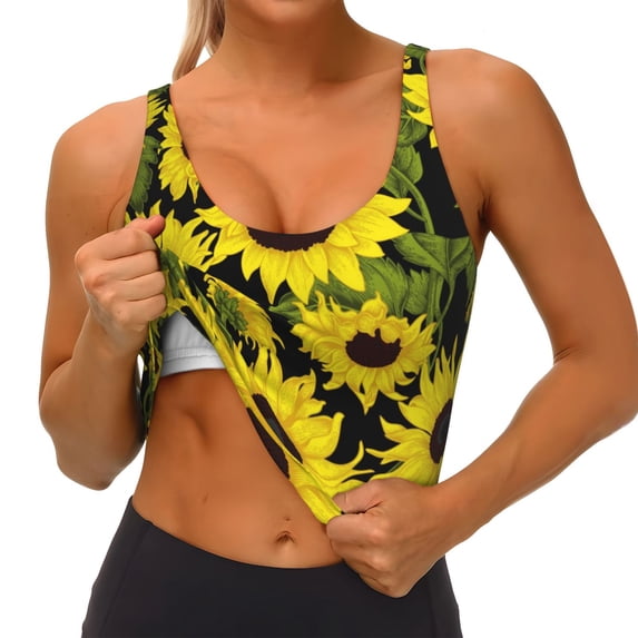 Goofa Sunflowers In Vintage Printed Sports Bras for Women, High Impact Running Bra Workout Crop Tank Tops Longline Sports Bra Push up-Large