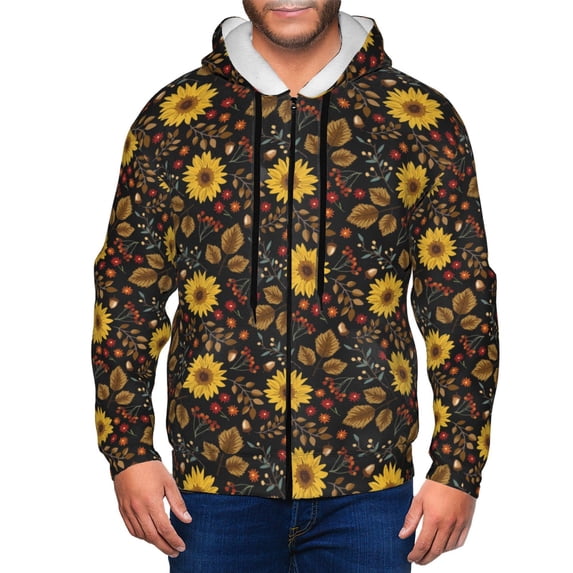 Goofa Sunflowers Leaves Pattern Mens Full-zip Hoodie, Zip-up Pullover Hooded Sweatshirt, Kangaroo Pocket Hoodie Ideal for Daily Wear, Travel, and Home-3X-Large