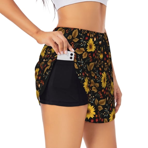 Goofa Sunflowers Leaves Printed Women 2 in 1 Running Shorts,Quick Dry Athletic Workout Shorts,High Waisted Athletic Shorts with Liner Pockets-