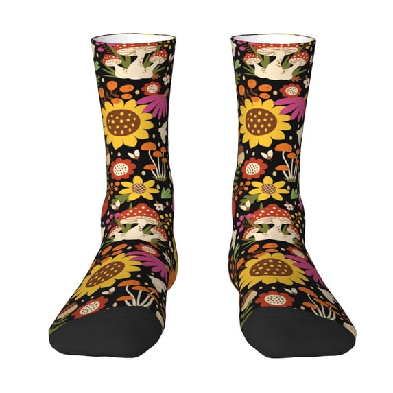 Goofa Sunflowers Mushrooms Printed Men's Crew Socks, Soft Durable Breathable Moisture-Wicking with Odor Control Cotton socks