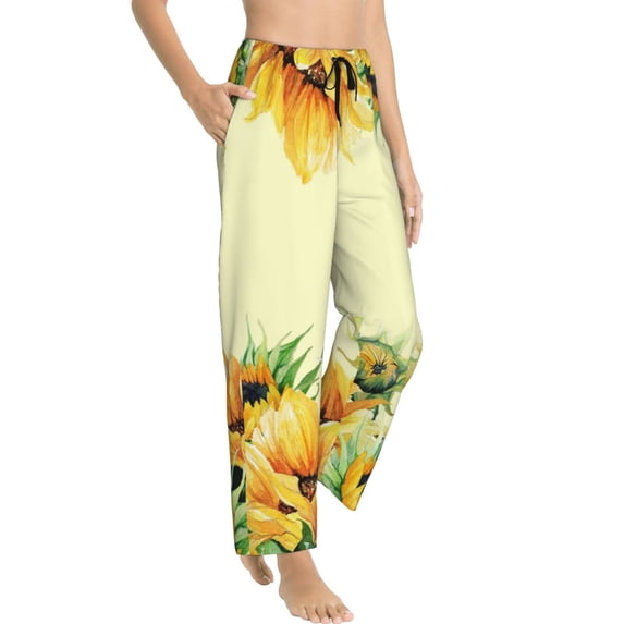Goofa Sunflowers On A Yellow Background Printed Soft Pajama Pants for Women, Wide Leg Comfy Casual Lounge Yoga Pants-