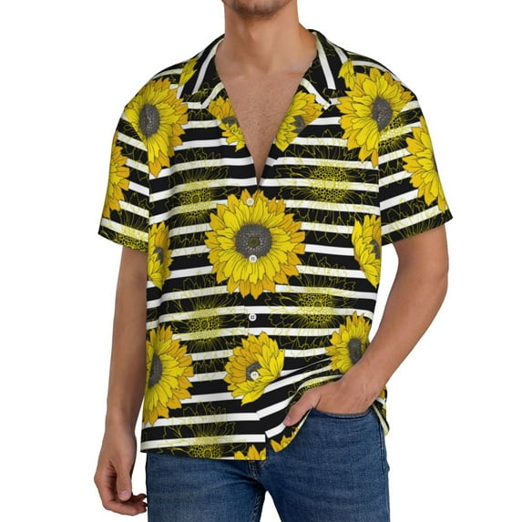 Goofa Sunflowers On Black And White Stripes Printed Men's Casual Short-sleeved Shirt,Lightweight Breathable Button-down,Summer Casual men's top,Versatile Fashion shirt-4X-Large