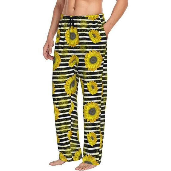 Goofa Sunflowers On Black And White Stripes Printed Soft Pajama Pants for Men, Wide Leg Comfy Casual Lounge Yoga Pants-Medium