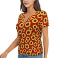 thumbnail image 1 of Goofa Sunflowers On Red Pattern Womens Deep V Neck Low Cut Tops Casual Summer Short Sleeve Ribbed Knit T-Shirts-Small, 1 of 5