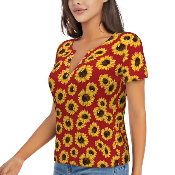 Goofa Sunflowers On Red Pattern Womens Deep V Neck Low Cut Tops Casual Summer Short Sleeve Ribbed Knit T-Shirts-Small