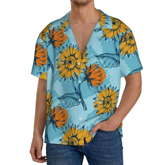 Goofa Sunflowers Printed Men's Casual Short-sleeved Shirt,Lightweight Breathable Button-down,Summer Casual men's top,Versatile Fashion shirt-