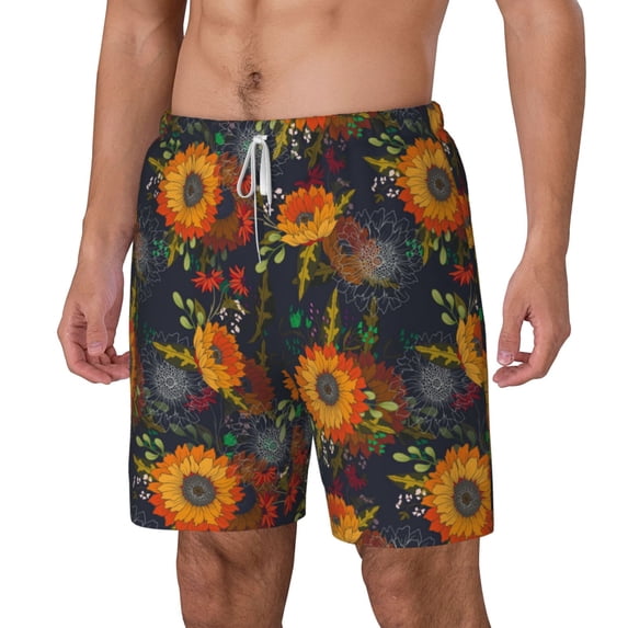 Goofa Sunflowers Printed Men's Swim Trunks Board Shorts Quick Dry Mens Swimming Trunks with Compression Liner,Breathable Fit Hawaii Beach Shorts-Small