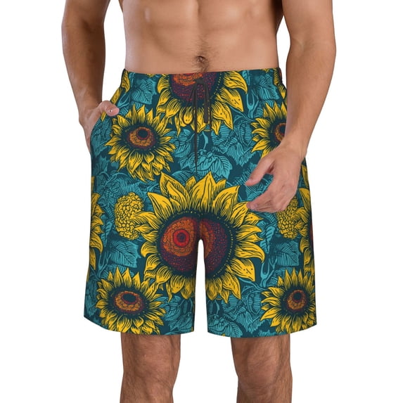 Goofa Sunflowers Printed Mens Swim Trunks Summer Quick Dry Short Beach Swimwear Bathing Suits-X-Large
